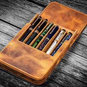 GALEN LEATHER MAGNUM OPUS 6 SLOTS HARD PEN CASE WITH REMOVABLE PEN TRAY - CRAZY HORSE FOREST CRAZY HORSE HONEY OCHRE - TY Lee Pen Shop
