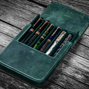 GALEN LEATHER MAGNUM OPUS 6 SLOTS HARD PEN CASE WITH REMOVABLE PEN TRAY - CRAZY HORSE FOREST GREEN - TY Lee Pen Shop