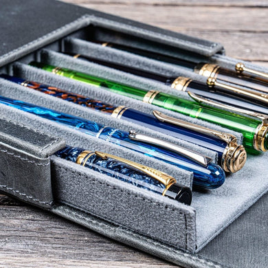 GALEN LEATHER MAGNUM OPUS 6 SLOTS HARD PEN CASE WITH REMOVABLE PEN TRAY -  CRAZY HORSE NAVY SMOKY - TY Lee Pen Shop - TY Lee Pen Shop