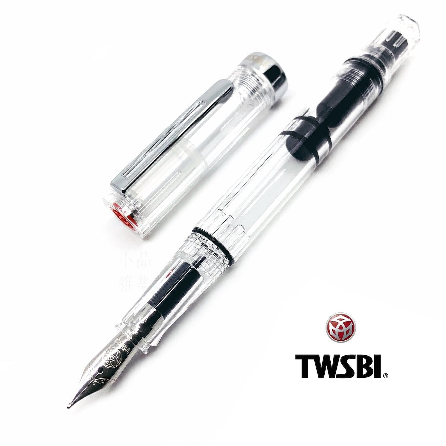 TWSBI Eco fountain pen with transparent barrel showing ink level
